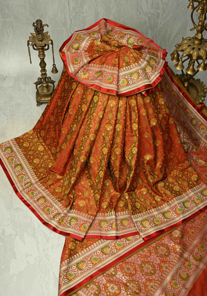 Scarlet Red Semi Tanchoi Banarasi Satin Silk Saree with Meenakari Floral Brocade Jaal