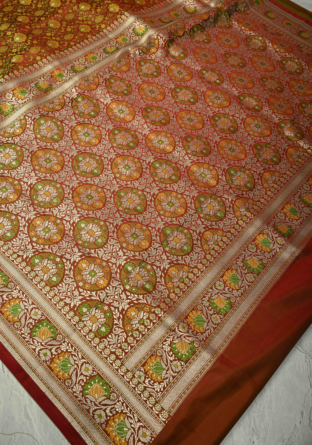 Rust Brown Semi Tanchoi Banarasi Satin Silk Saree with Meenakari Floral Brocade Jaal and Zari Border