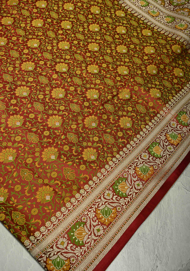 Rust Brown Semi Tanchoi Banarasi Satin Silk Saree with Meenakari Floral Brocade Jaal and Zari Border