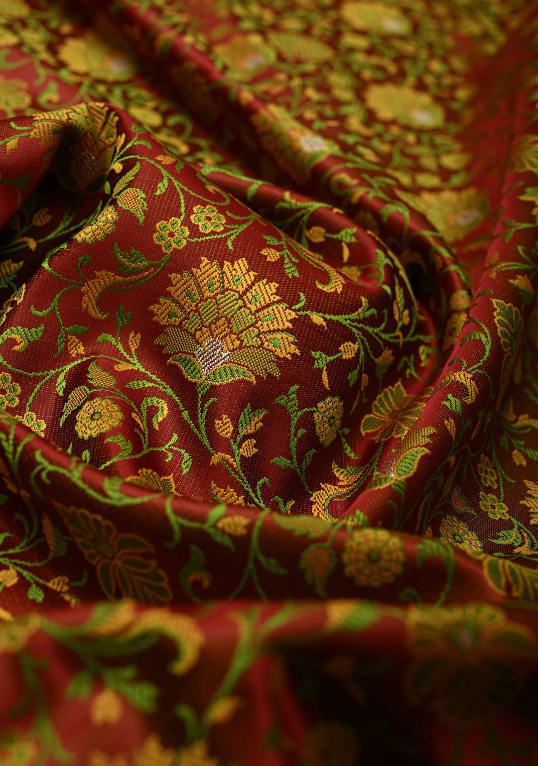 Rust Brown Semi Tanchoi Banarasi Satin Silk Saree with Meenakari Floral Brocade Jaal and Zari Border