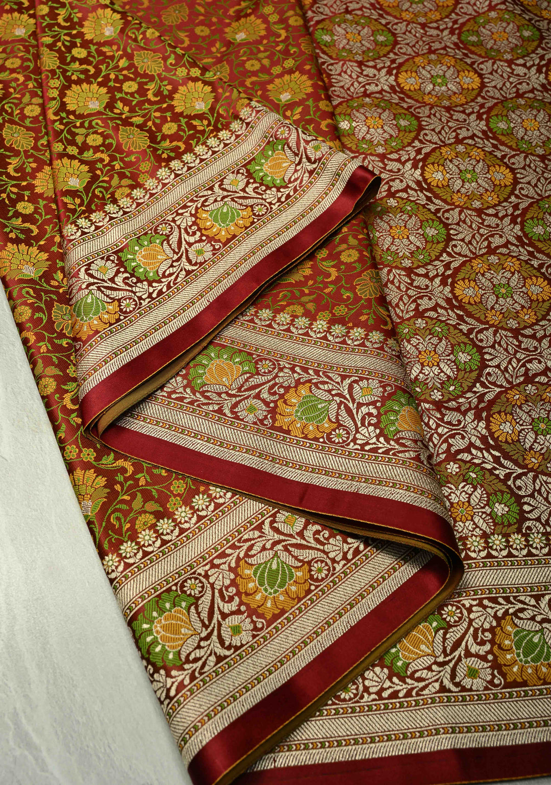 Rust Brown Semi Tanchoi Banarasi Satin Silk Saree with Meenakari Floral Brocade Jaal and Zari Border