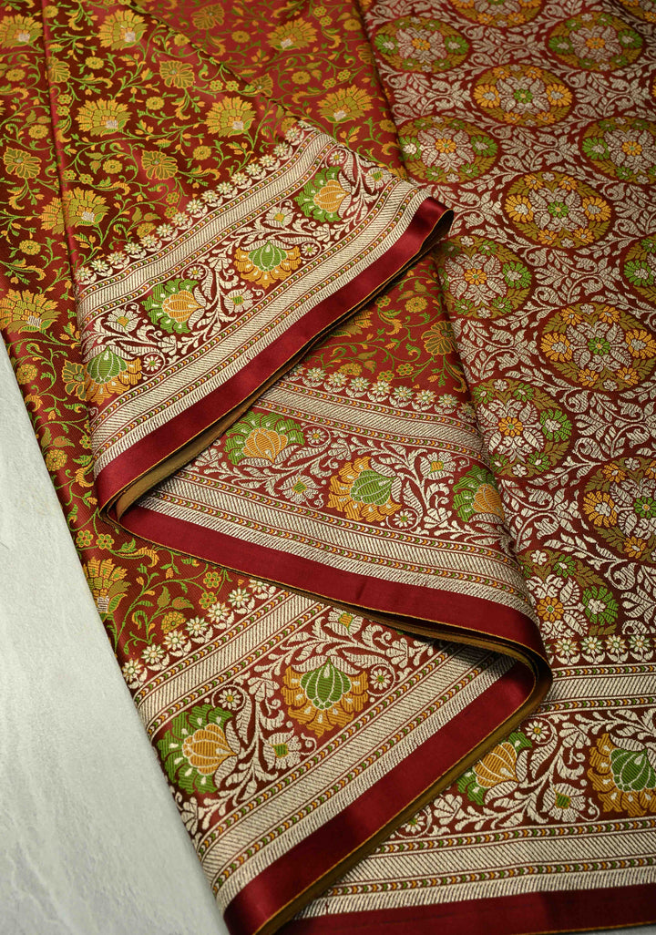 Rust Brown Semi Tanchoi Banarasi Satin Silk Saree with Meenakari Floral Brocade Jaal and Zari Border