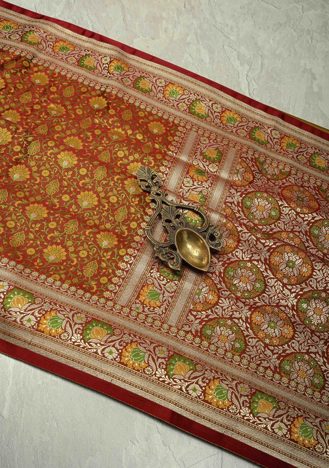 Rust Brown Semi Tanchoi Banarasi Satin Silk Saree with Meenakari Floral Brocade Jaal and Zari Border