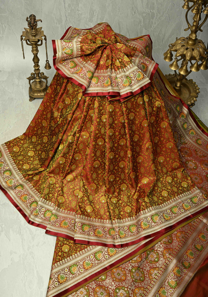 Rust Brown Semi Tanchoi Banarasi Satin Silk Saree with Meenakari Floral Brocade Jaal and Zari Border