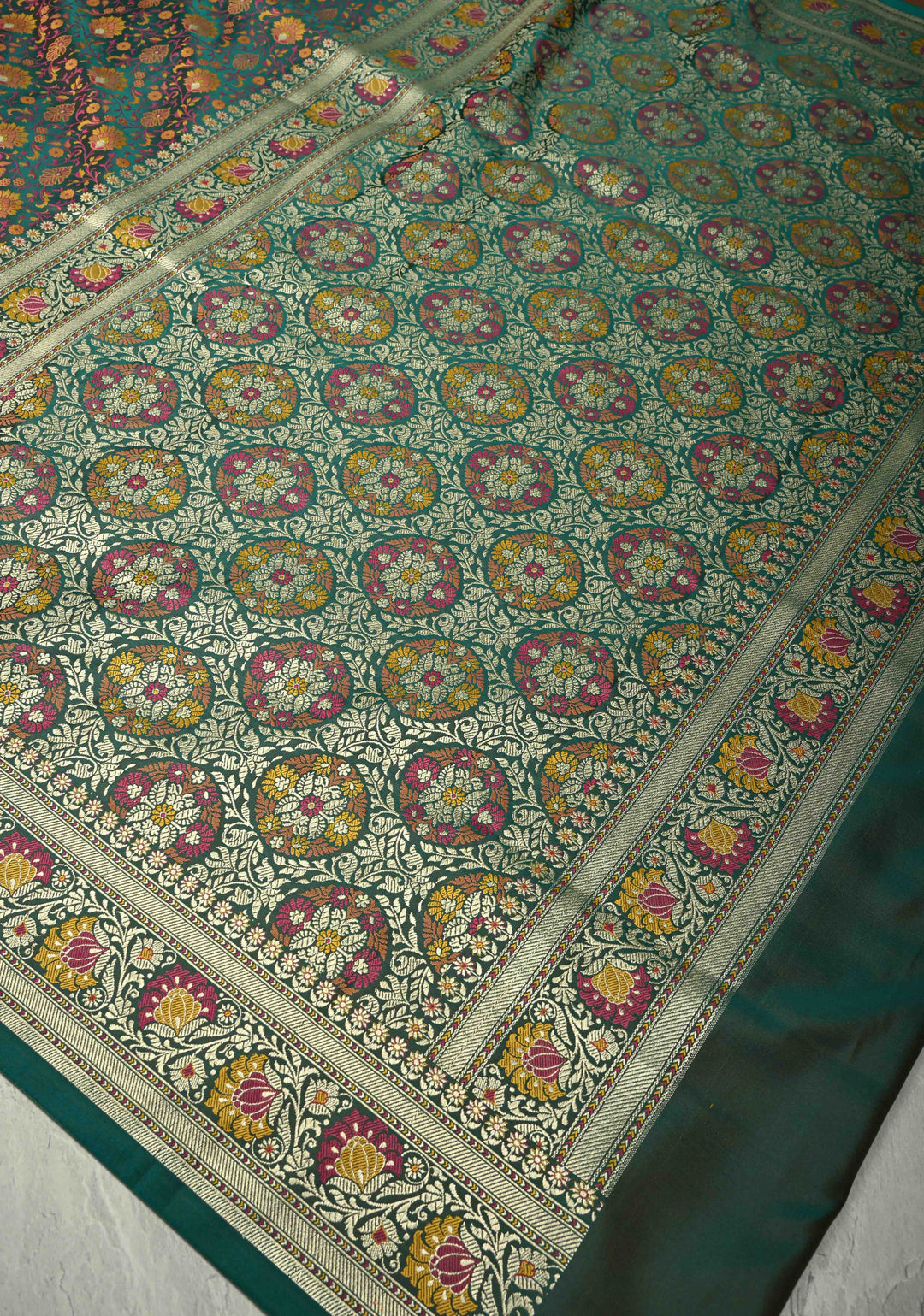 Rama Green Semi Tanchoi Banarasi Satin Silk Saree with Meenakari Floral Brocade Jaal