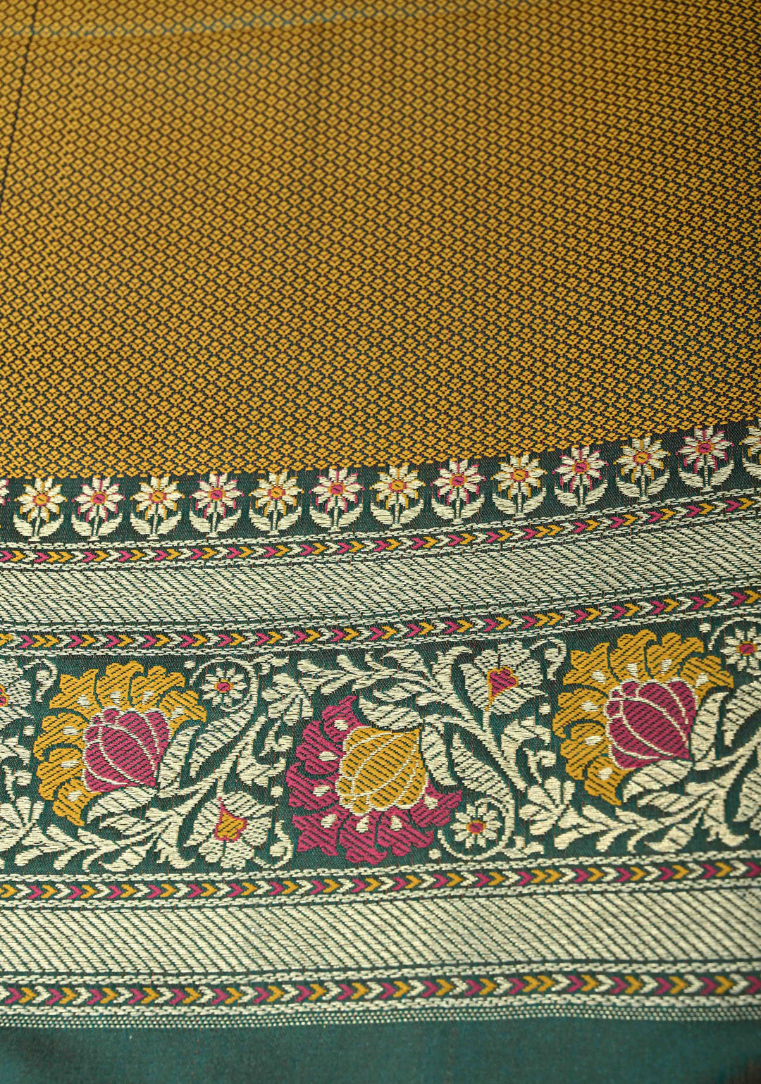 Rama Green Semi Tanchoi Banarasi Satin Silk Saree with Meenakari Floral Brocade Jaal