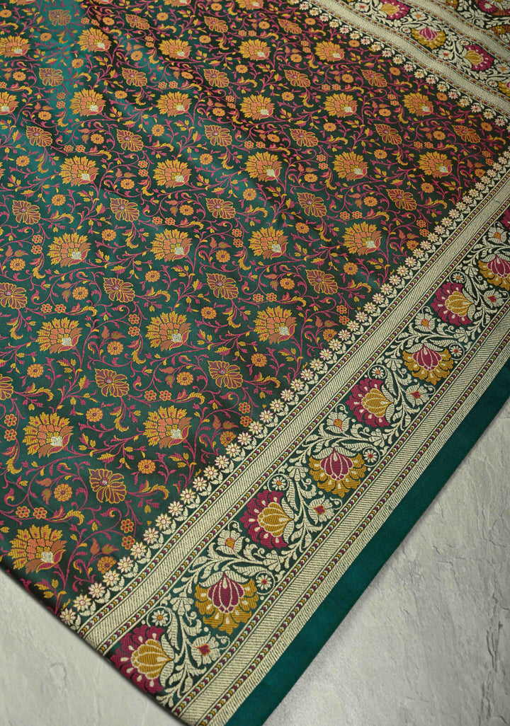 Rama Green Semi Tanchoi Banarasi Satin Silk Saree with Meenakari Floral Brocade Jaal