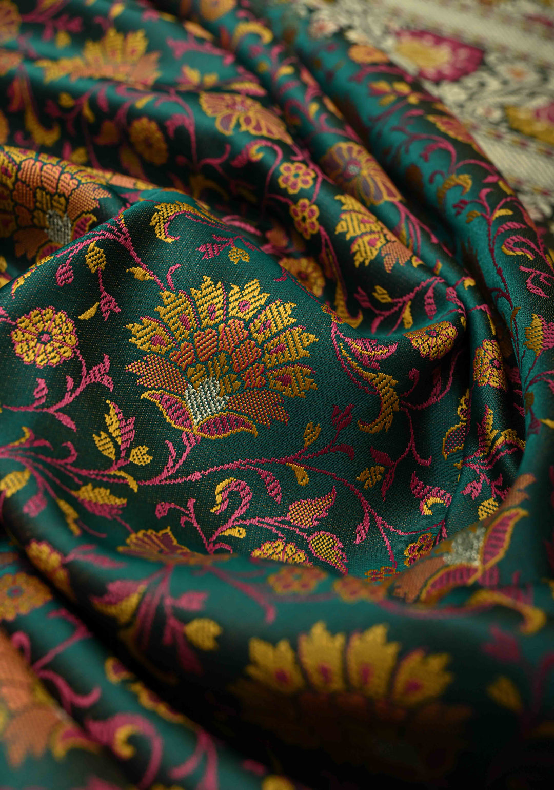 Rama Green Semi Tanchoi Banarasi Satin Silk Saree with Meenakari Floral Brocade Jaal