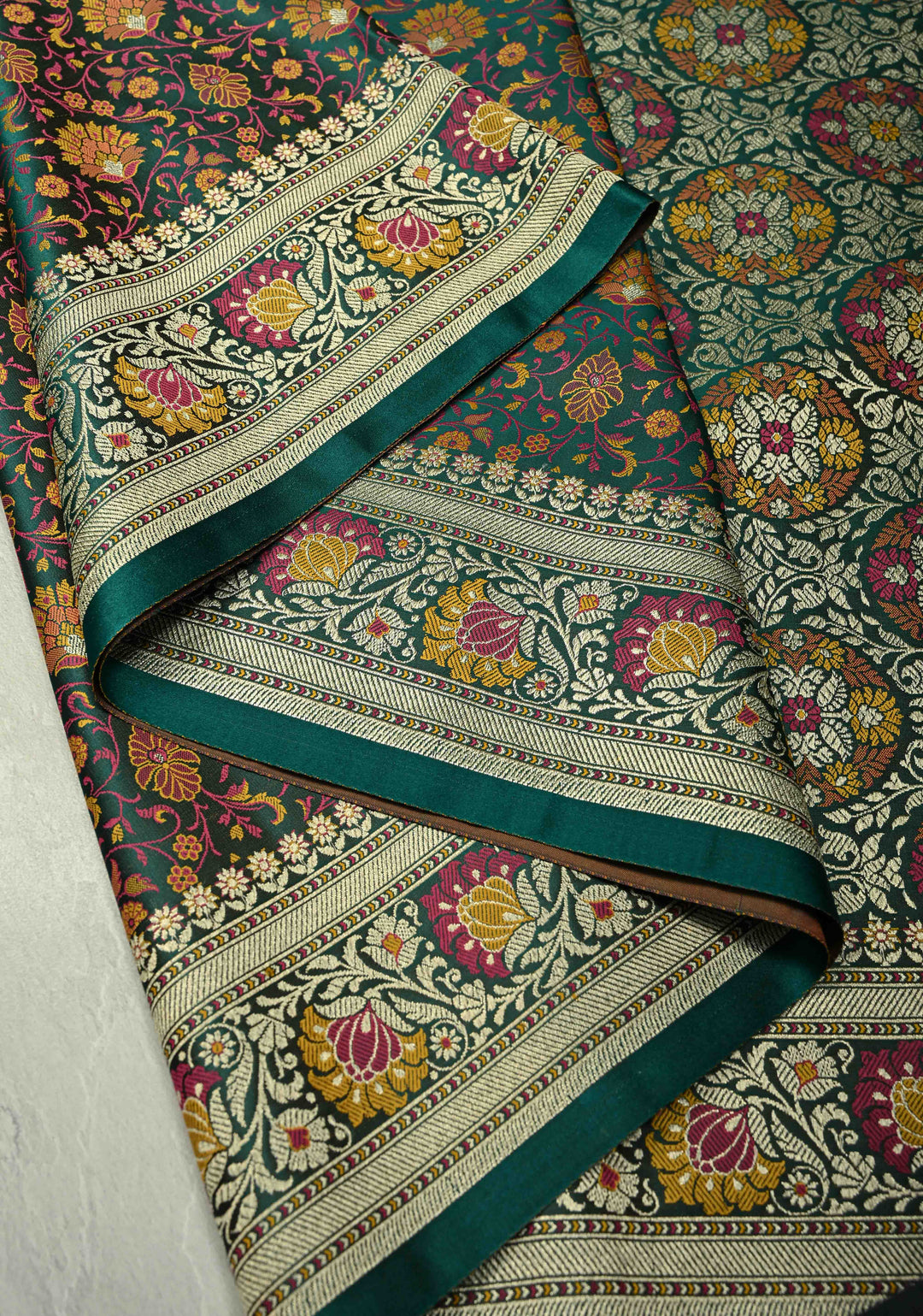 Rama Green Semi Tanchoi Banarasi Satin Silk Saree with Meenakari Floral Brocade Jaal