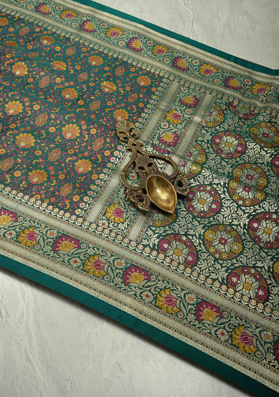 Rama Green Semi Tanchoi Banarasi Satin Silk Saree with Meenakari Floral Brocade Jaal