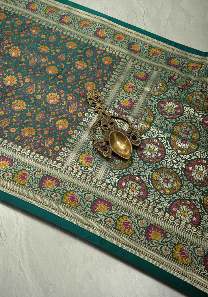 Rama Green Semi Tanchoi Banarasi Satin Silk Saree with Meenakari Floral Brocade Jaal