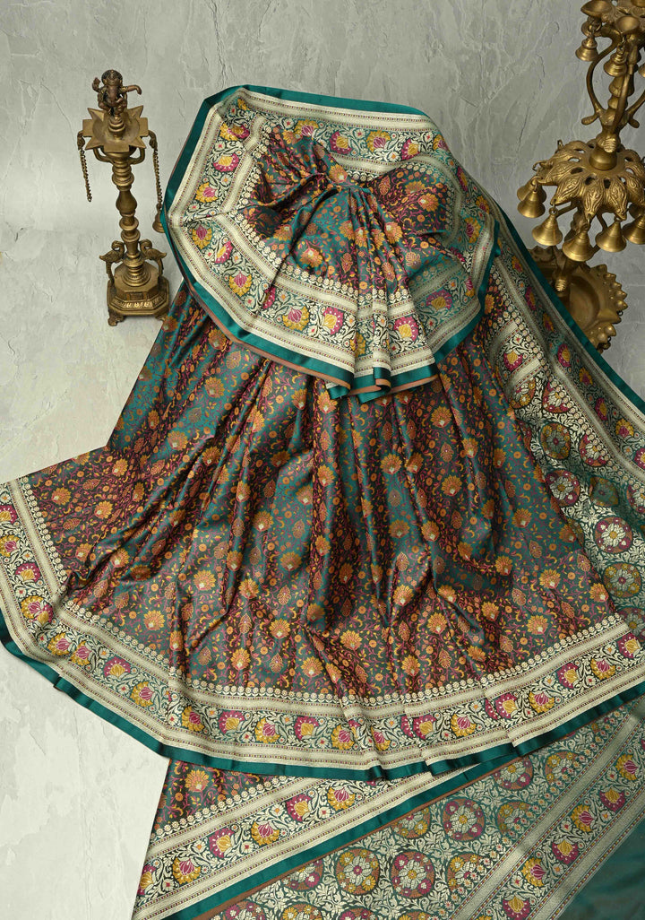 Rama Green Semi Tanchoi Banarasi Satin Silk Saree with Meenakari Floral Brocade Jaal