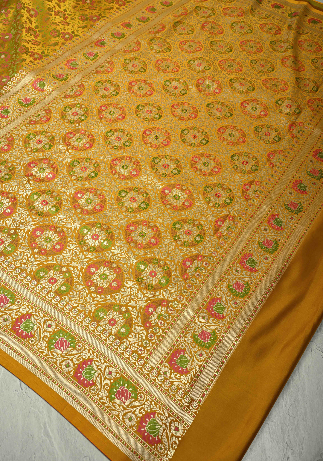 Mustard Yellow Semi Tanchoi Banarasi Satin Silk Saree with Meenakari Floral Brocade Jaal