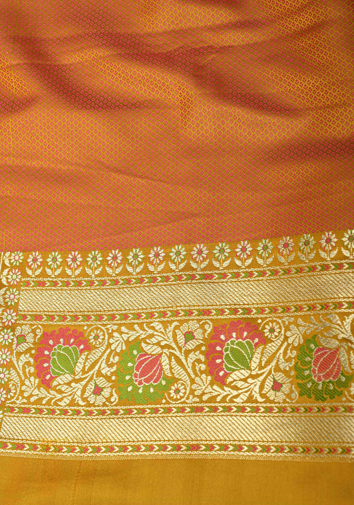 Mustard Yellow Semi Tanchoi Banarasi Satin Silk Saree with Meenakari Floral Brocade Jaal