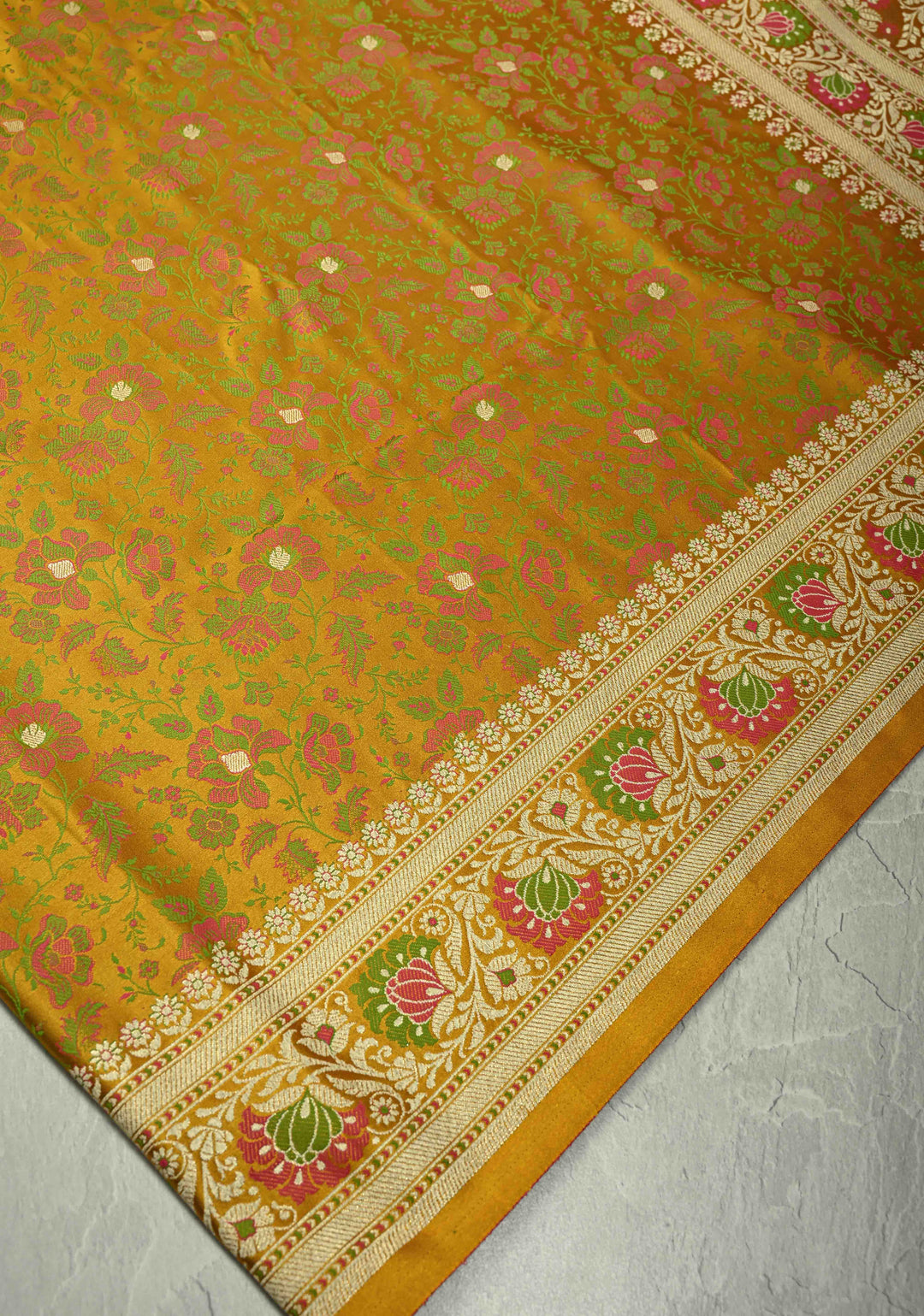 Mustard Yellow Semi Tanchoi Banarasi Satin Silk Saree with Meenakari Floral Brocade Jaal