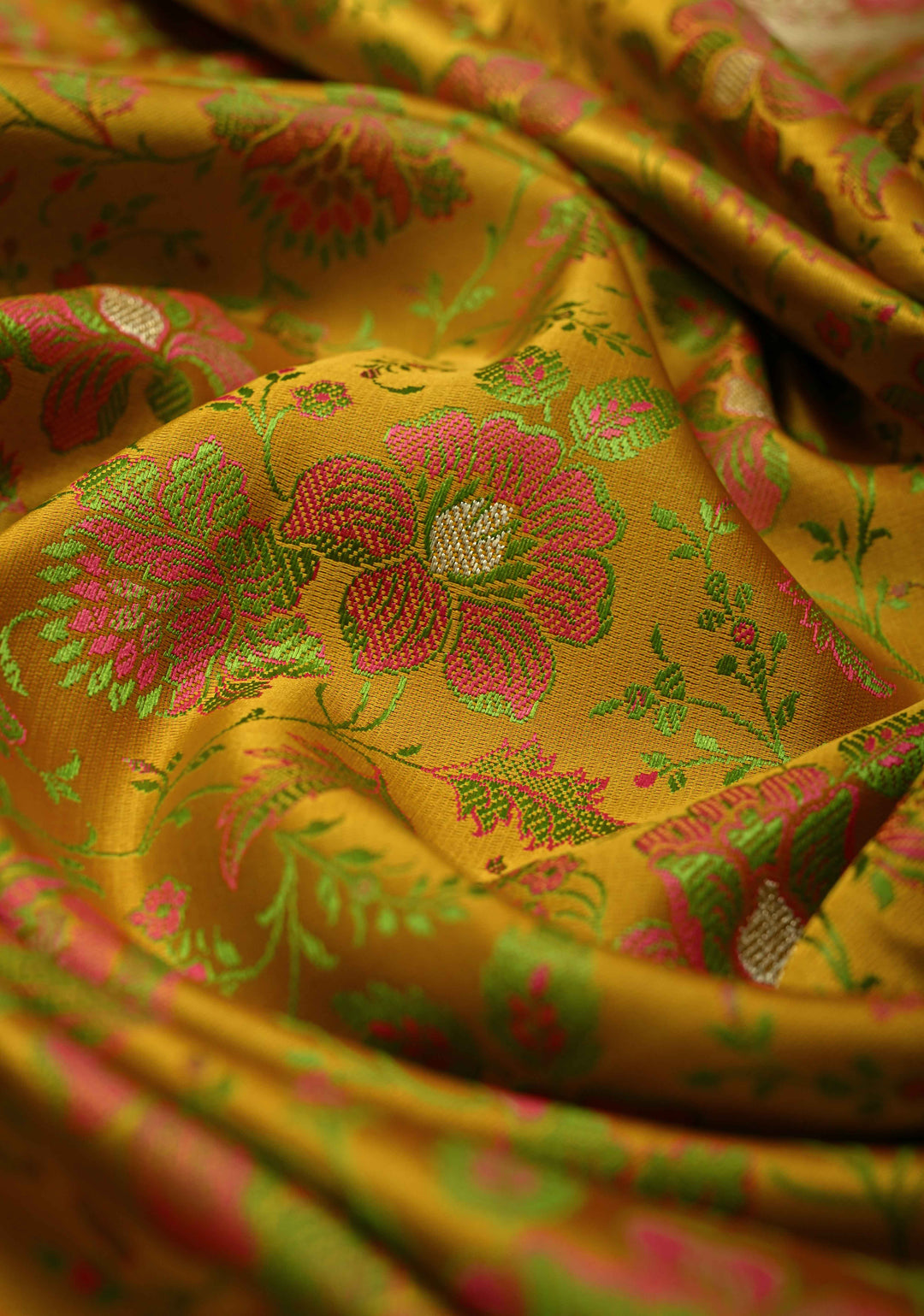 Mustard Yellow Semi Tanchoi Banarasi Satin Silk Saree with Meenakari Floral Brocade Jaal