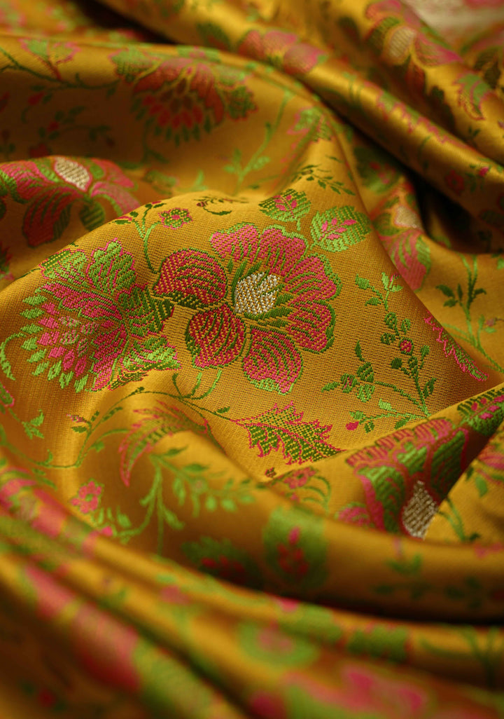 Mustard Yellow Semi Tanchoi Banarasi Satin Silk Saree with Meenakari Floral Brocade Jaal
