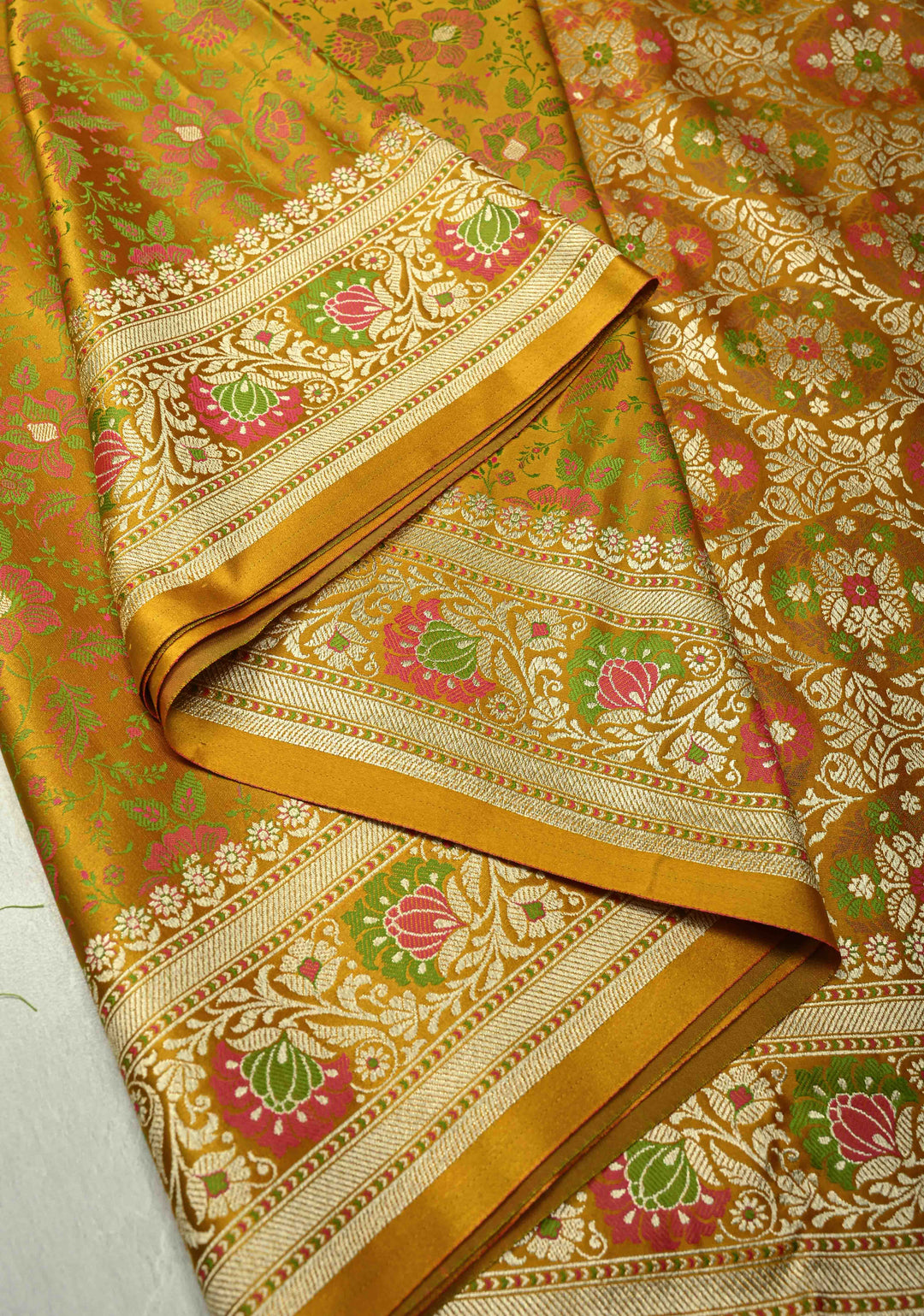Mustard Yellow Semi Tanchoi Banarasi Satin Silk Saree with Meenakari Floral Brocade Jaal