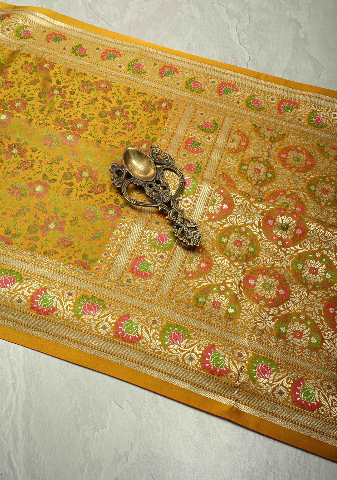 Mustard Yellow Semi Tanchoi Banarasi Satin Silk Saree with Meenakari Floral Brocade Jaal