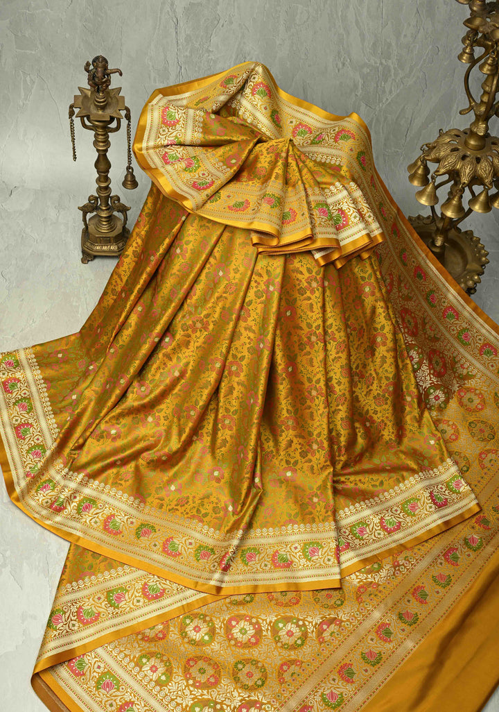 Mustard Yellow Semi Tanchoi Banarasi Satin Silk Saree with Meenakari Floral Brocade Jaal