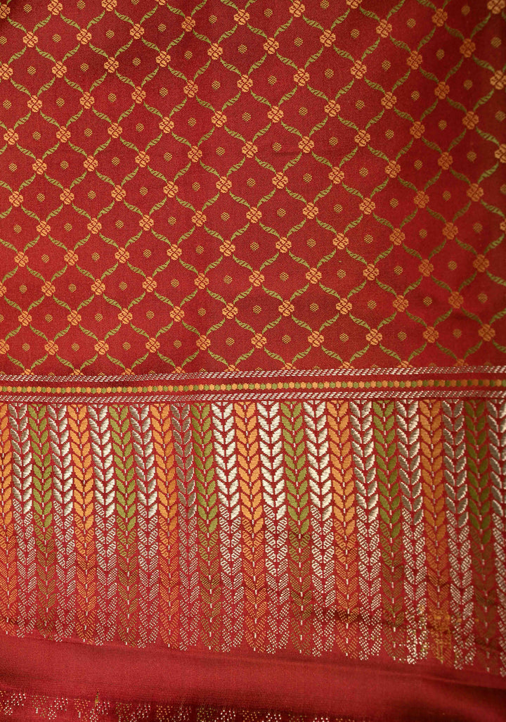 Maroon Semi Tanchoi Banarasi Satin Silk Saree with Meenakari Floral Brocade Jaal and Zari Border