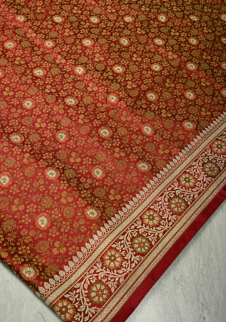Maroon Semi Tanchoi Banarasi Satin Silk Saree with Meenakari Floral Brocade Jaal and Zari Border