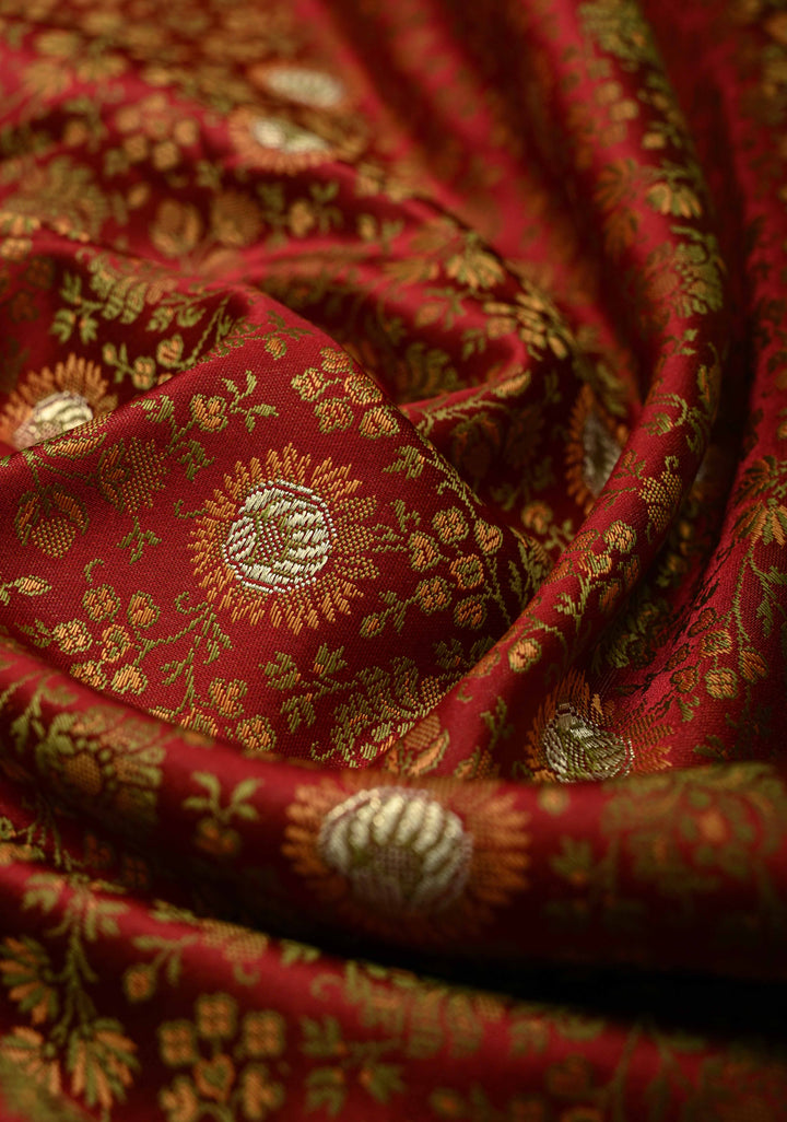 Maroon Semi Tanchoi Banarasi Satin Silk Saree with Meenakari Floral Brocade Jaal and Zari Border