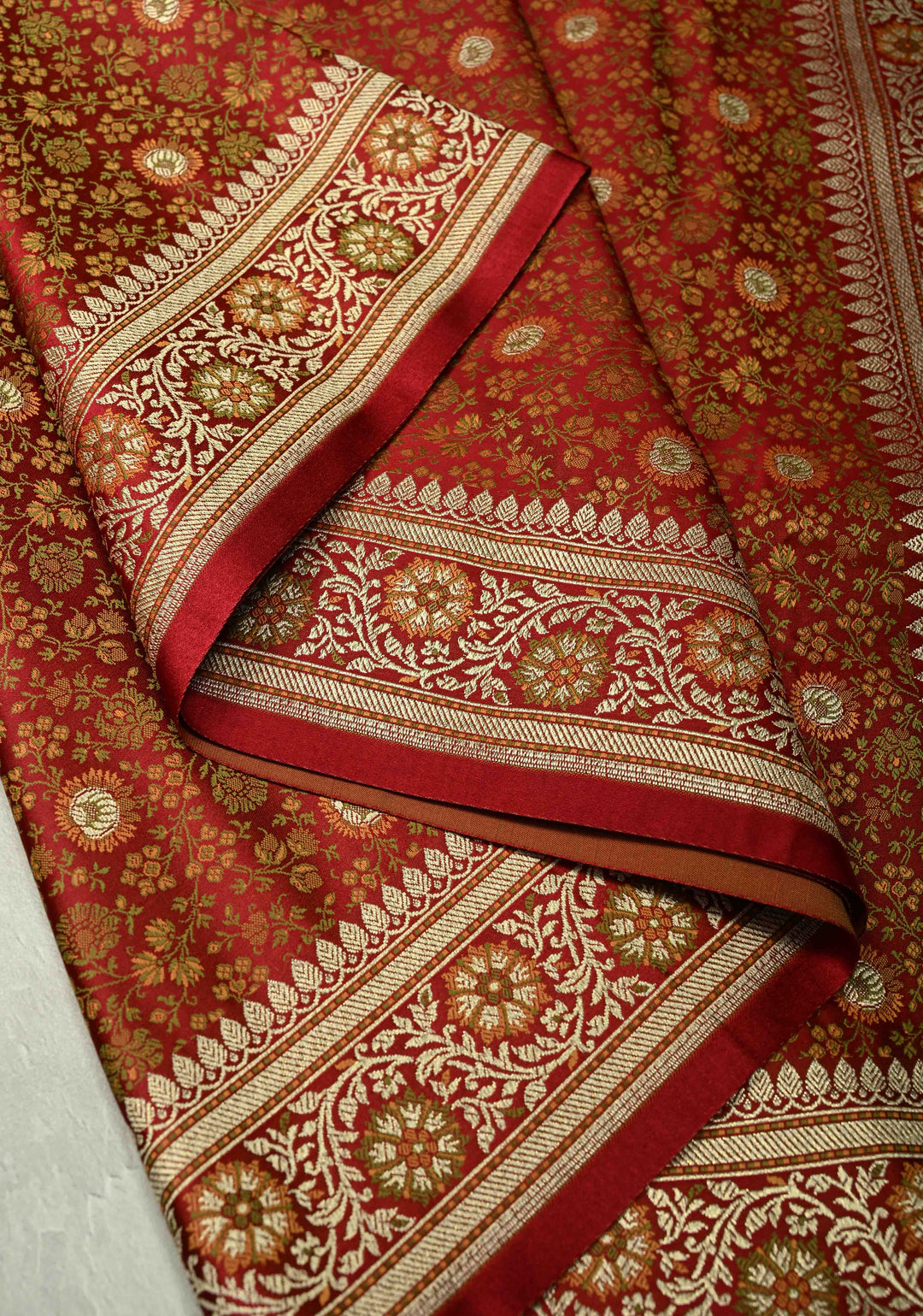 Maroon Semi Tanchoi Banarasi Satin Silk Saree with Meenakari Floral Brocade Jaal and Zari Border