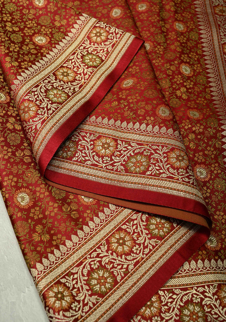 Maroon Semi Tanchoi Banarasi Satin Silk Saree with Meenakari Floral Brocade Jaal and Zari Border