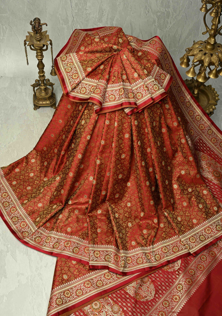 Maroon Semi Tanchoi Banarasi Satin Silk Saree with Meenakari Floral Brocade Jaal and Zari Border