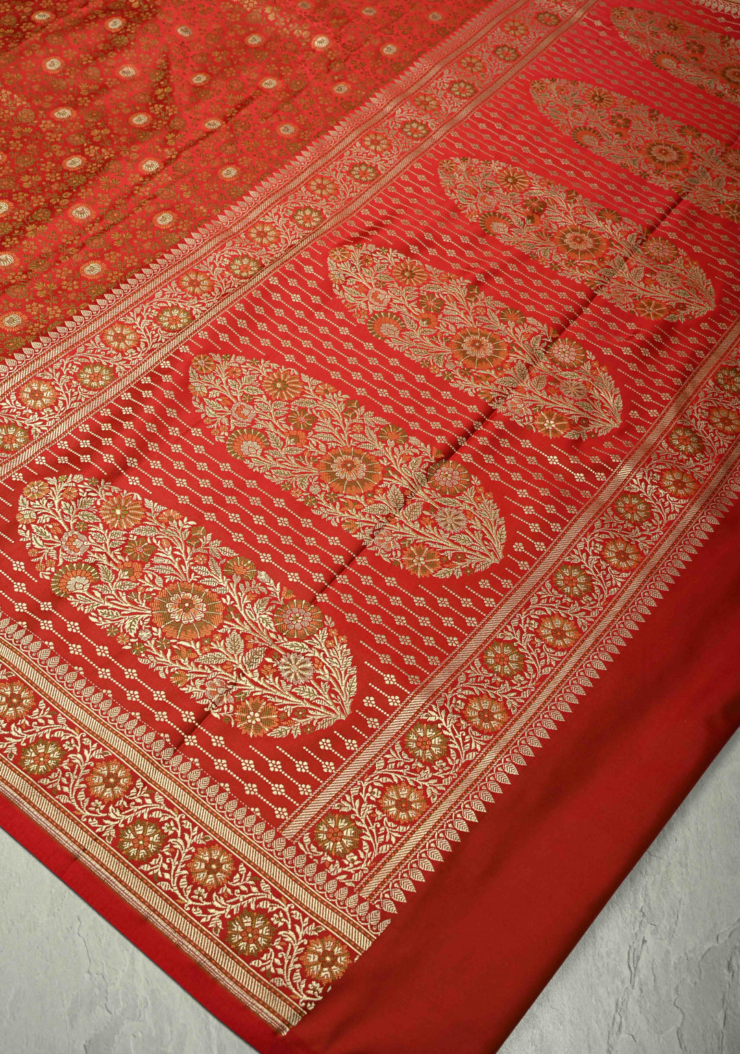 Red Semi Tanchoi Banarasi Satin Silk Saree with Meenakari Floral Brocade Jaal and Zari Border