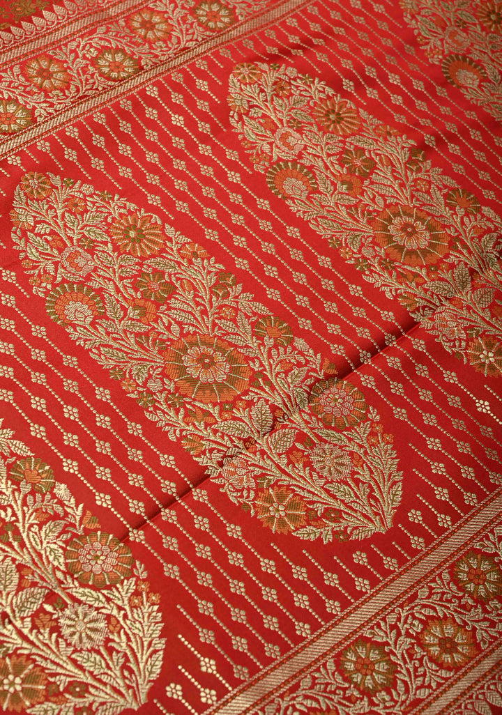 Red Semi Tanchoi Banarasi Satin Silk Saree with Meenakari Floral Brocade Jaal and Zari Border