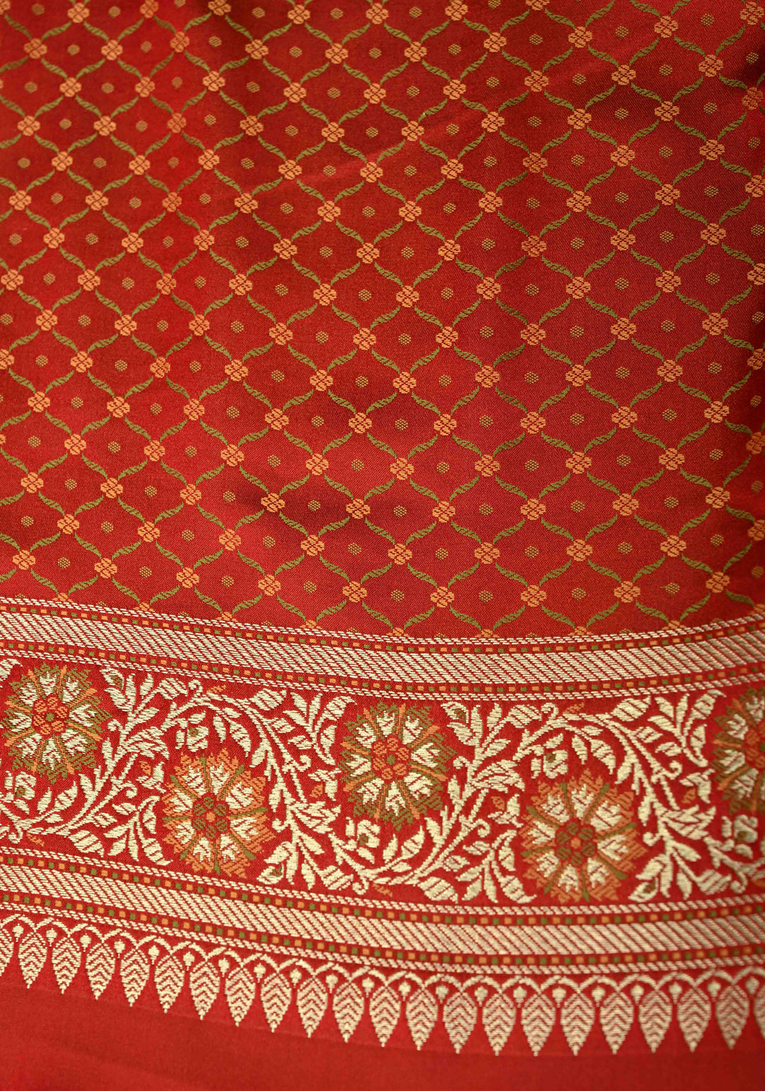 Red Semi Tanchoi Banarasi Satin Silk Saree with Meenakari Floral Brocade Jaal and Zari Border