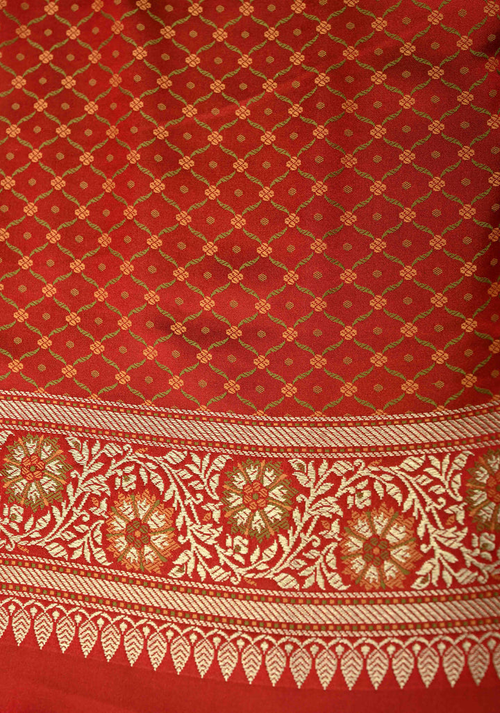 Red Semi Tanchoi Banarasi Satin Silk Saree with Meenakari Floral Brocade Jaal and Zari Border
