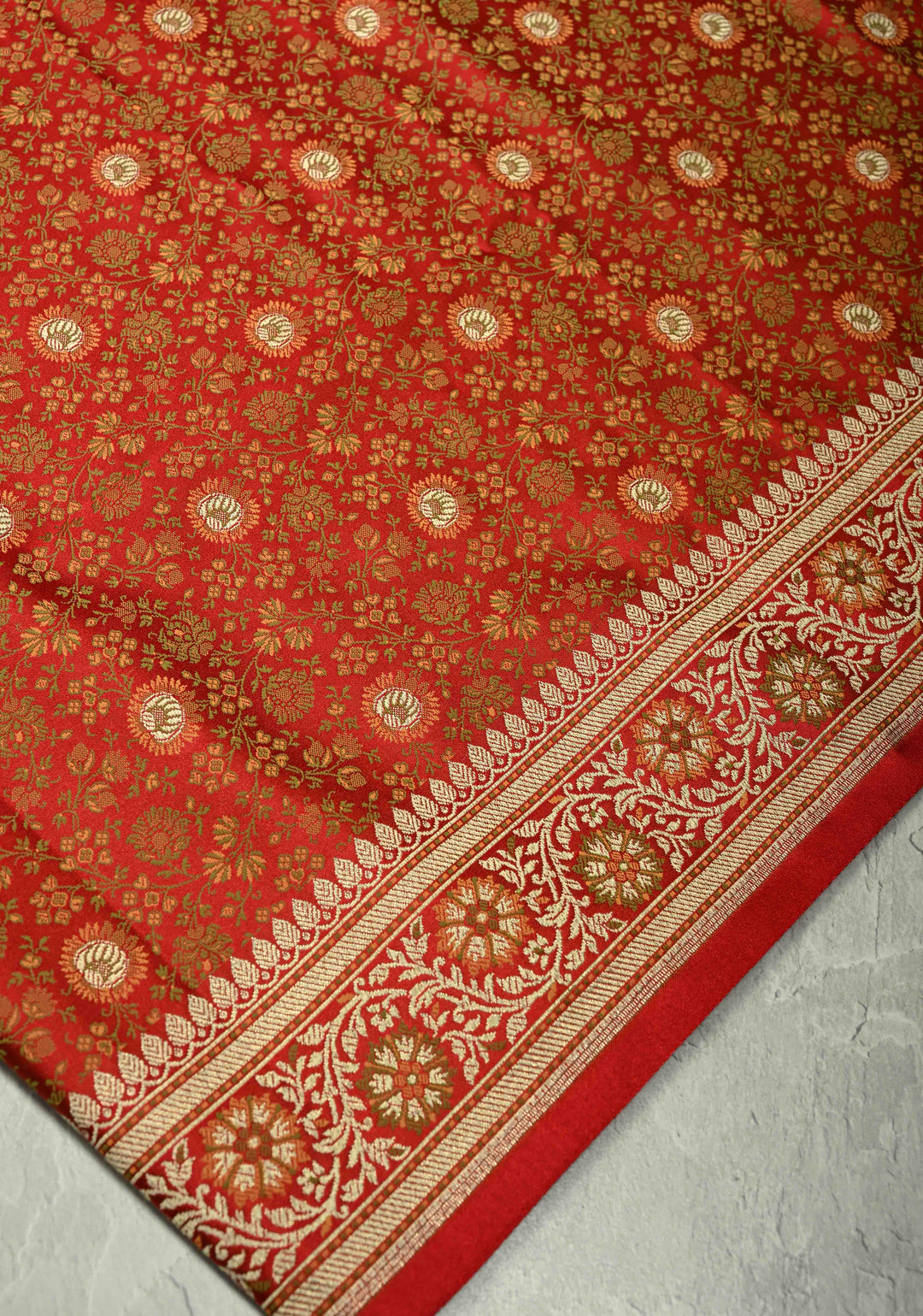 Red Semi Tanchoi Banarasi Satin Silk Saree with Meenakari Floral Brocade Jaal and Zari Border