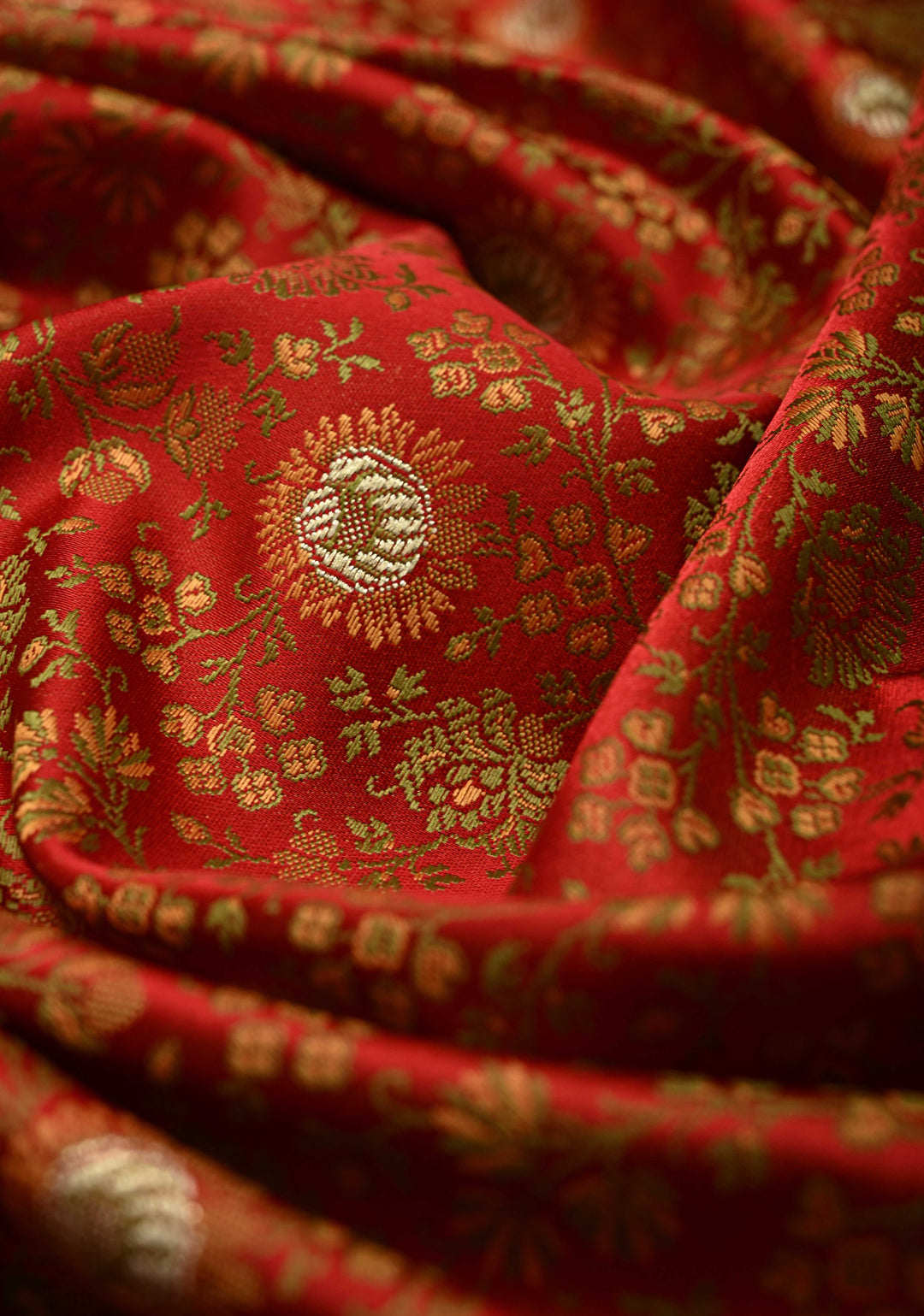 Red Semi Tanchoi Banarasi Satin Silk Saree with Meenakari Floral Brocade Jaal and Zari Border
