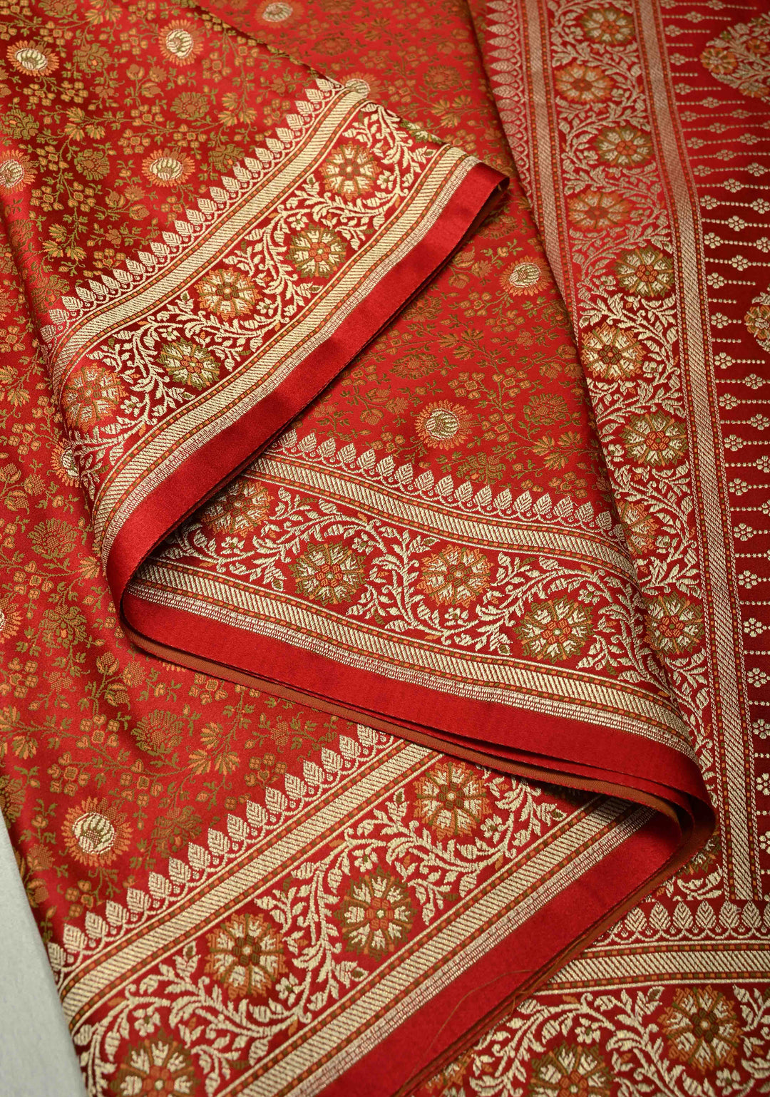 Red Semi Tanchoi Banarasi Satin Silk Saree with Meenakari Floral Brocade Jaal and Zari Border