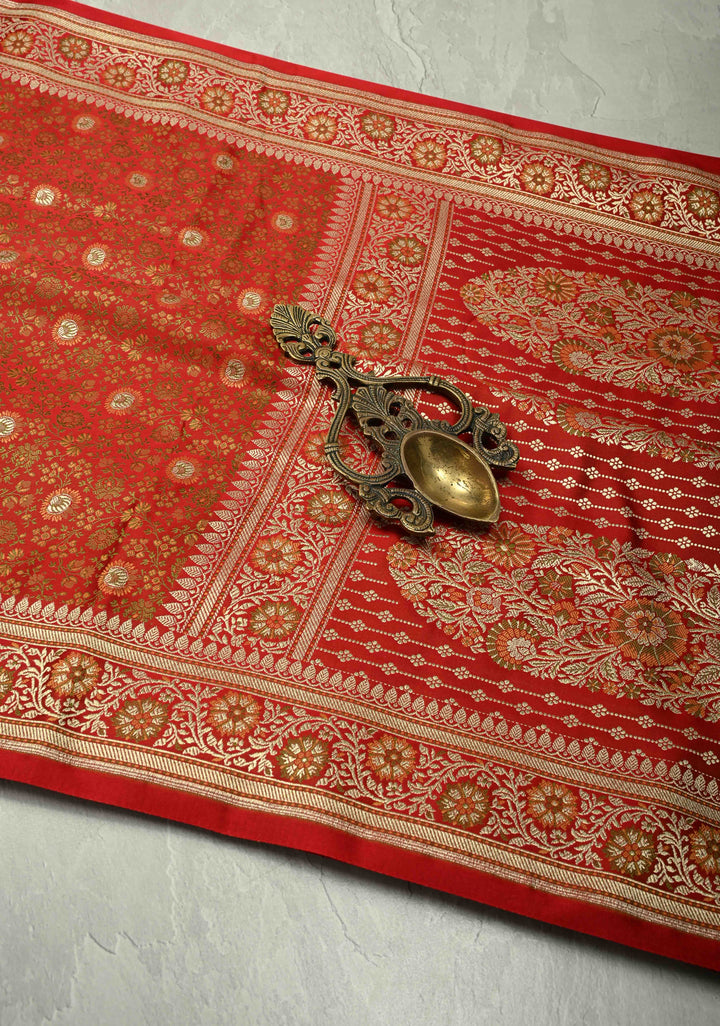 Red Semi Tanchoi Banarasi Satin Silk Saree with Meenakari Floral Brocade Jaal and Zari Border