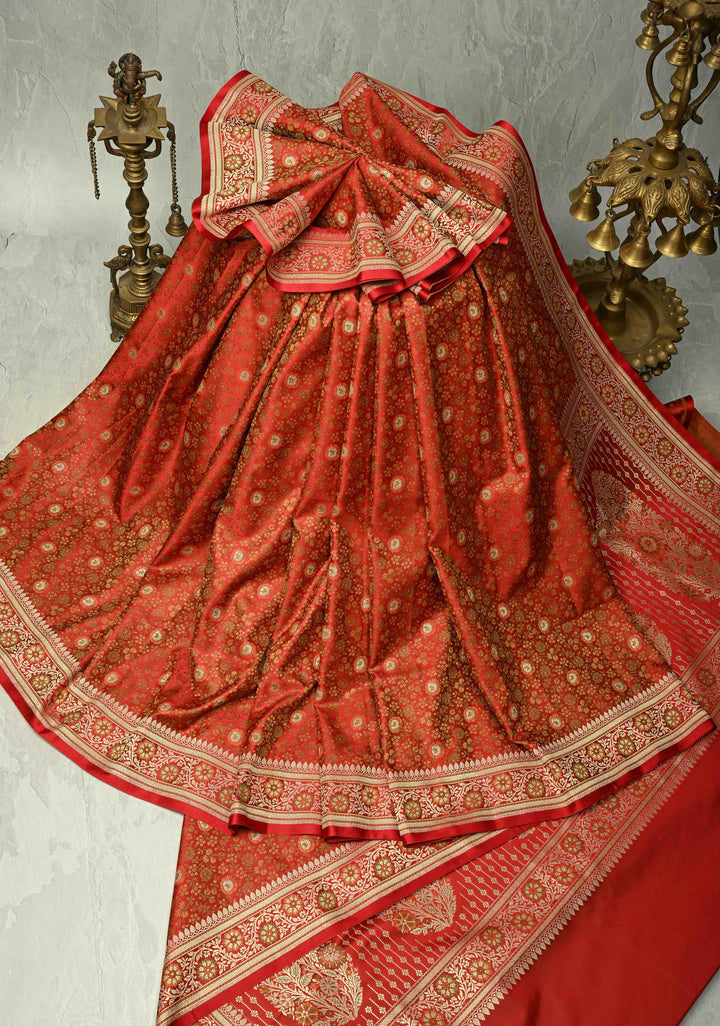 Red Semi Tanchoi Banarasi Satin Silk Saree with Meenakari Floral Brocade Jaal and Zari Border