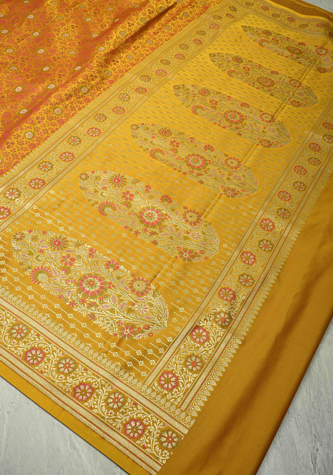 Mustard Yellow Semi Tanchoi Banarasi Satin Silk Saree with Meenakari Floral Brocade Jaal and Zari Border