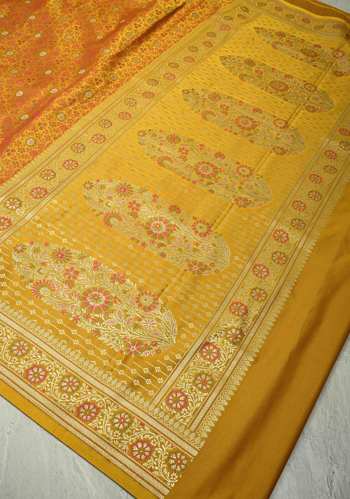 Mustard Yellow Semi Tanchoi Banarasi Satin Silk Saree with Meenakari Floral Brocade Jaal and Zari Border