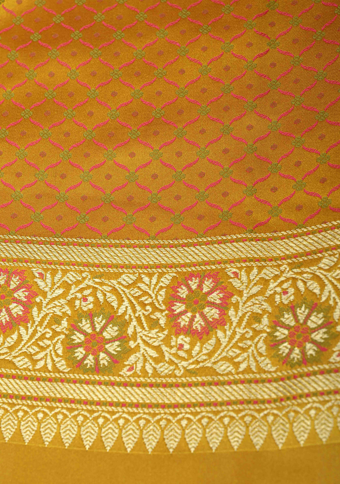 Mustard Yellow Semi Tanchoi Banarasi Satin Silk Saree with Meenakari Floral Brocade Jaal and Zari Border