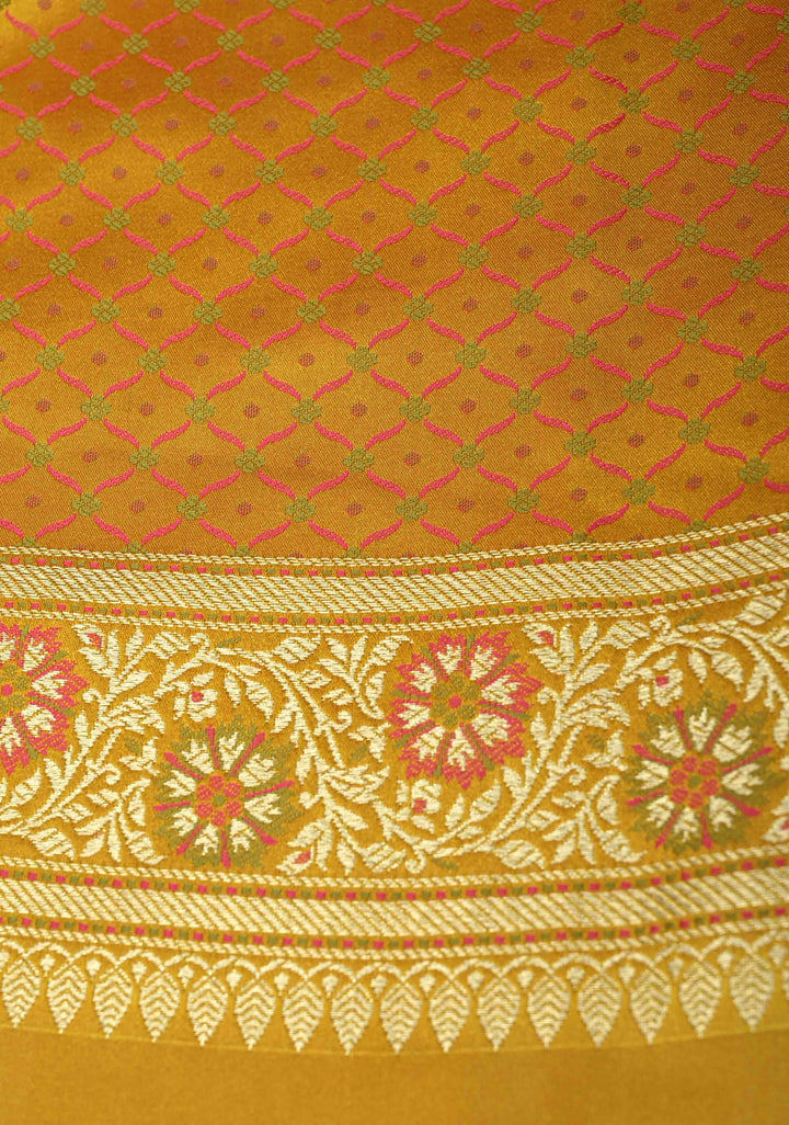 Mustard Yellow Semi Tanchoi Banarasi Satin Silk Saree with Meenakari Floral Brocade Jaal and Zari Border