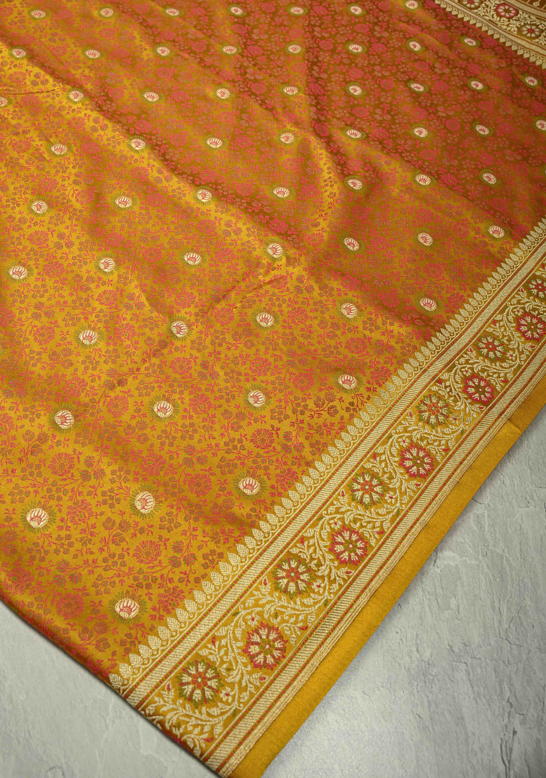 Mustard Yellow Semi Tanchoi Banarasi Satin Silk Saree with Meenakari Floral Brocade Jaal and Zari Border