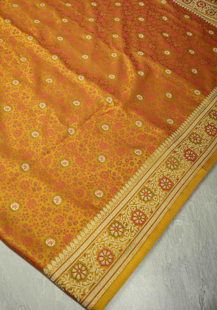 Mustard Yellow Semi Tanchoi Banarasi Satin Silk Saree with Meenakari Floral Brocade Jaal and Zari Border