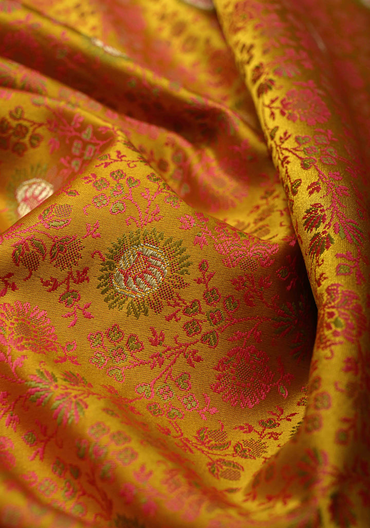 Mustard Yellow Semi Tanchoi Banarasi Satin Silk Saree with Meenakari Floral Brocade Jaal and Zari Border