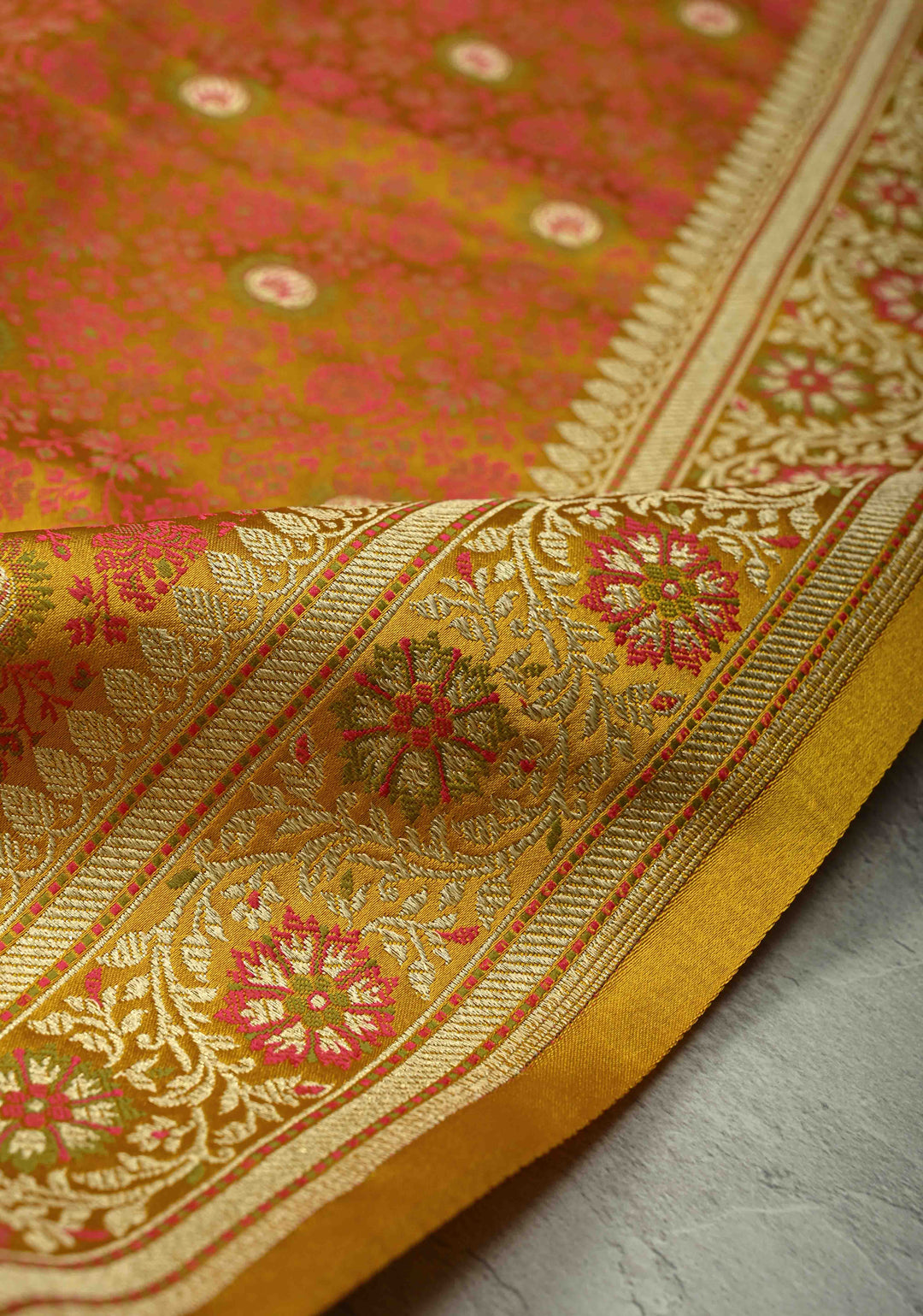 Mustard Yellow Semi Tanchoi Banarasi Satin Silk Saree with Meenakari Floral Brocade Jaal and Zari Border