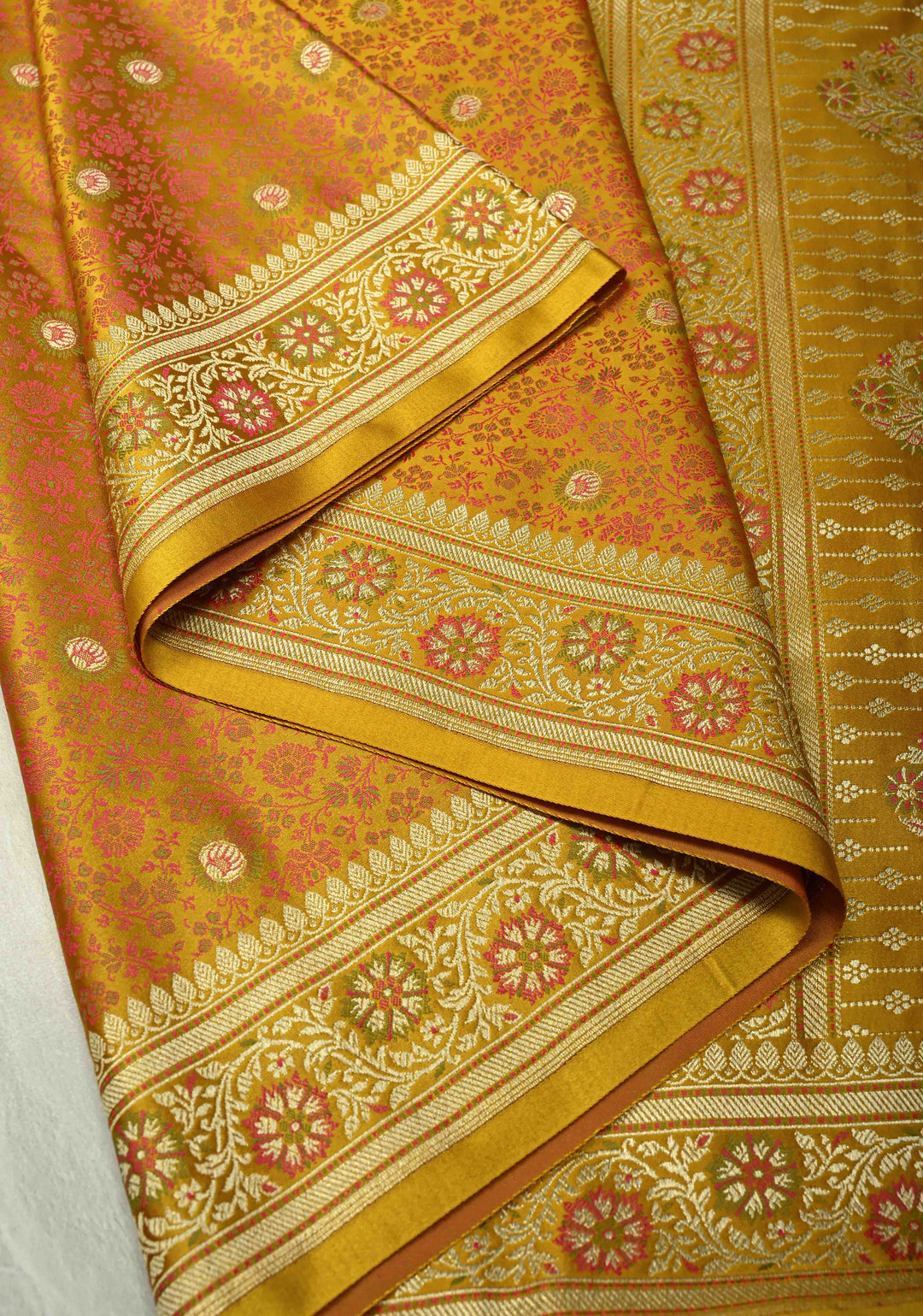 Mustard Yellow Semi Tanchoi Banarasi Satin Silk Saree with Meenakari Floral Brocade Jaal and Zari Border