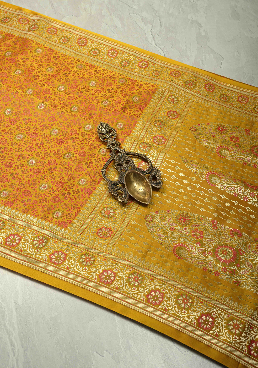 Mustard Yellow Semi Tanchoi Banarasi Satin Silk Saree with Meenakari Floral Brocade Jaal and Zari Border