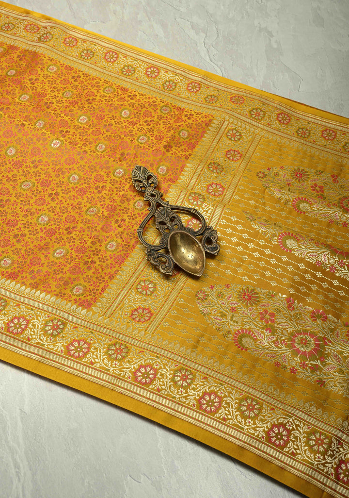 Mustard Yellow Semi Tanchoi Banarasi Satin Silk Saree with Meenakari Floral Brocade Jaal and Zari Border